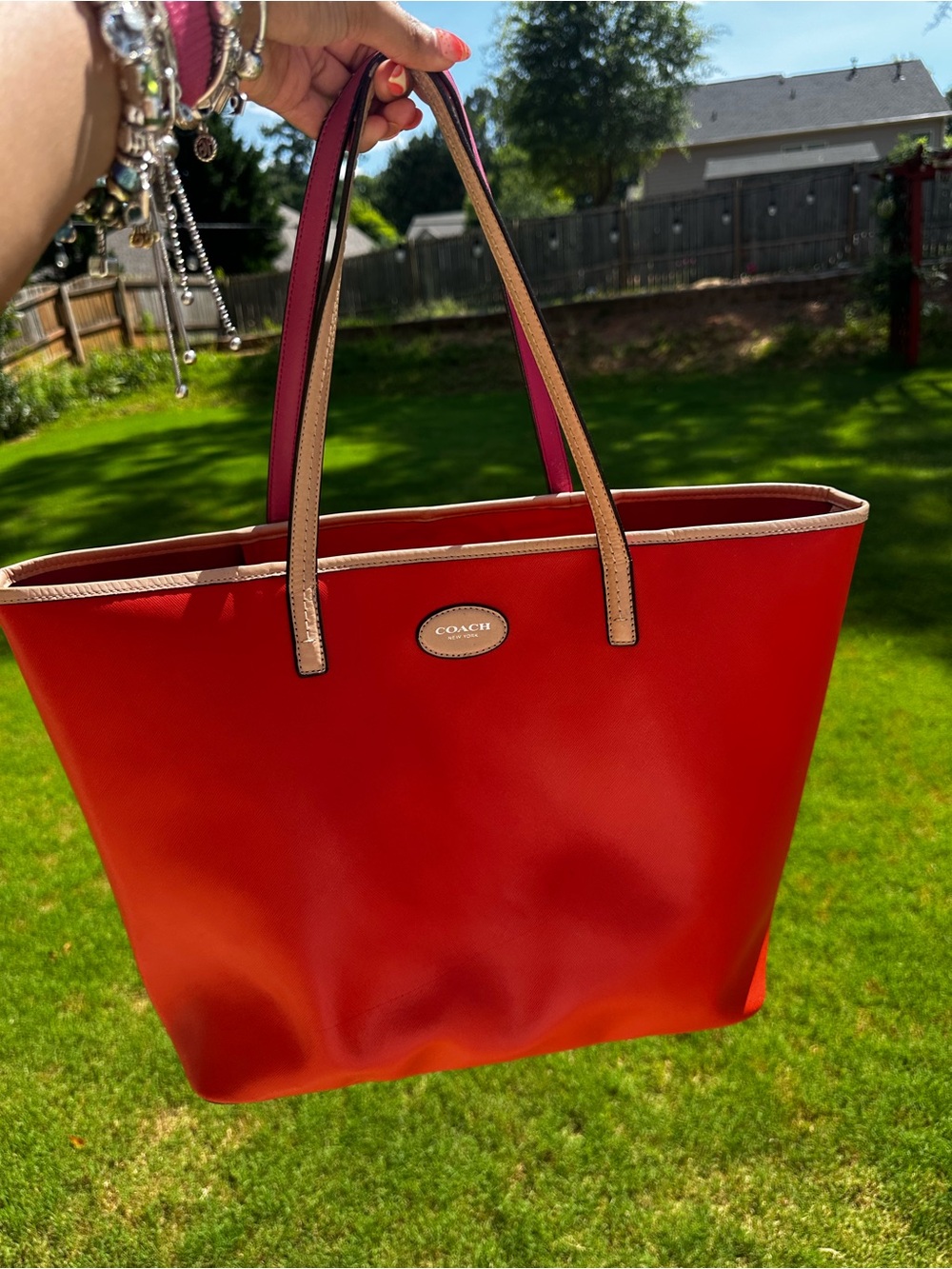 Coach Red Leather Tote with Tan Trim